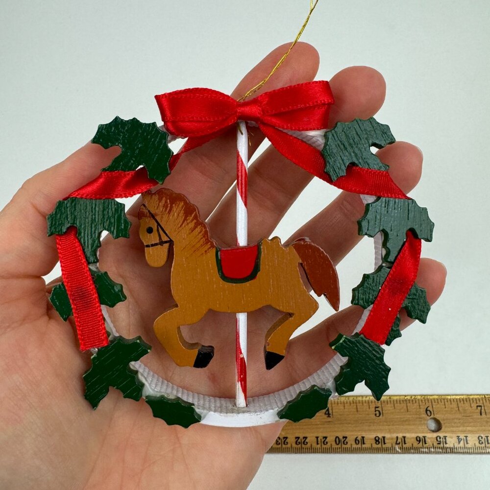 Vtg Wooden Christmas Holiday‎ Ornament Brown Carousel Horse Round Holly Ribbon